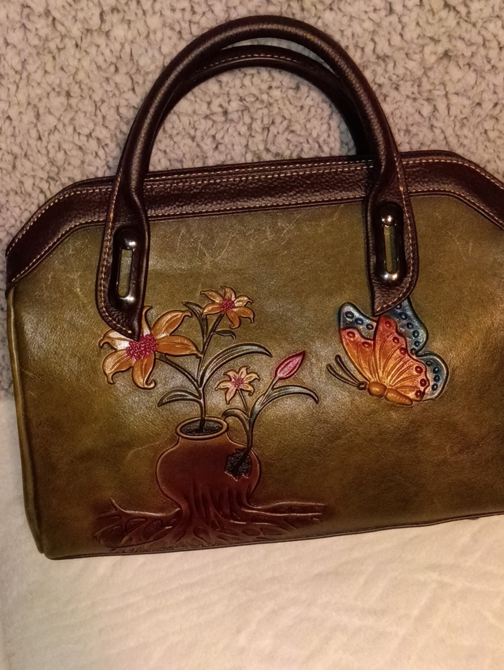 Top Layer Cowhide Real Leather Shoulder Bag Chinese Style Retro Flower Handbag